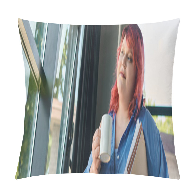 Personality  A Plus Size Woman With Red Hair Holds A Mug And Looks Out A Window. Pillow Covers