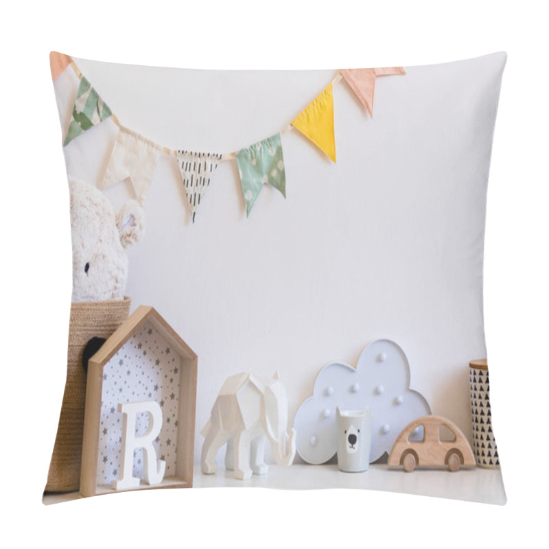 Personality  Stylish Scandinavian Nursery Interior With White Teddy Bear, Wooden Toys,boxes, Accessories And Cloud. Hanging Cotton Flags And Natural Basket On The White Background Wall. Cozy And Sunny Childroom. Pillow Covers