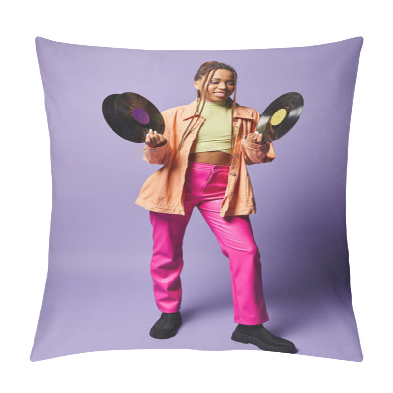 Personality  Happy African American Girl In Her 20s With Dreadlocks Comparing Vinyl Discs On Purple Backdrop Pillow Covers