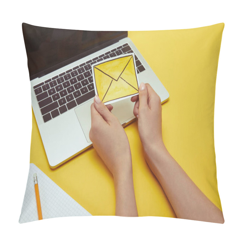 Personality  Cropped Image Of Woman Holding Envelope Sign Near Laptop  Pillow Covers