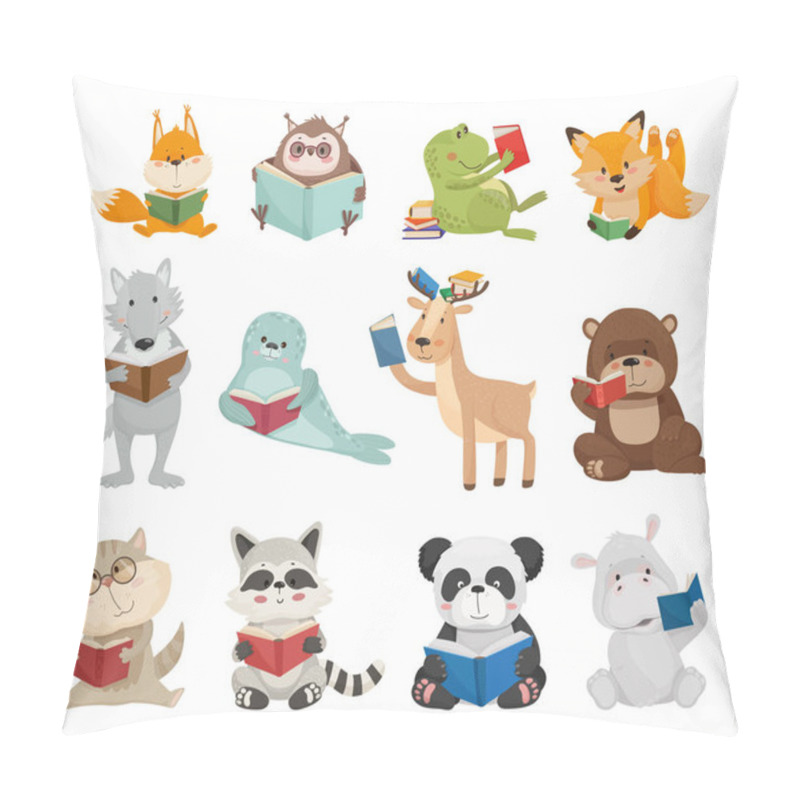 Personality  Vector Collection Of Cute Cartoon Animals With Books. Characters For Children's Books, Cards, Stickers, Prints. Illustrations For Kids. Pillow Covers