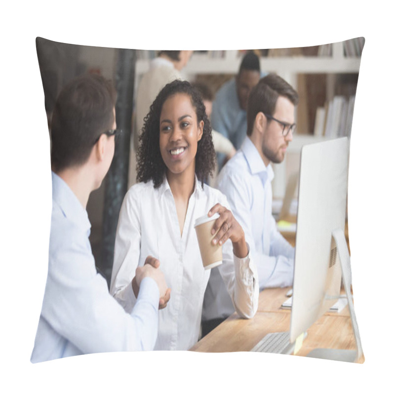 Personality  Diverse Workers Greeting Each Other Shaking Hands In Coworking Office Pillow Covers