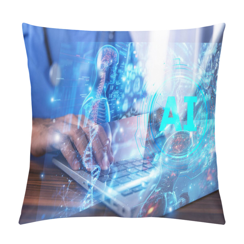 Personality  A Healthcare Professional Uses A Laptop With An AI Interface, Displaying Advanced Medical Technology And 3D Anatomy Visuals, Symbolizing The Integration Of Artificial Intelligence In Modern Healthcare And Diagnostics. Pillow Covers