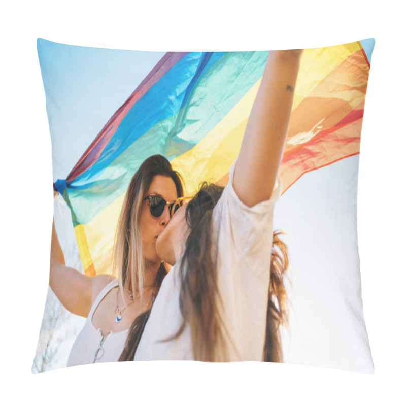 Personality  Couple Lesbian Woman With Gay Pride Flag On The Street Pillow Covers