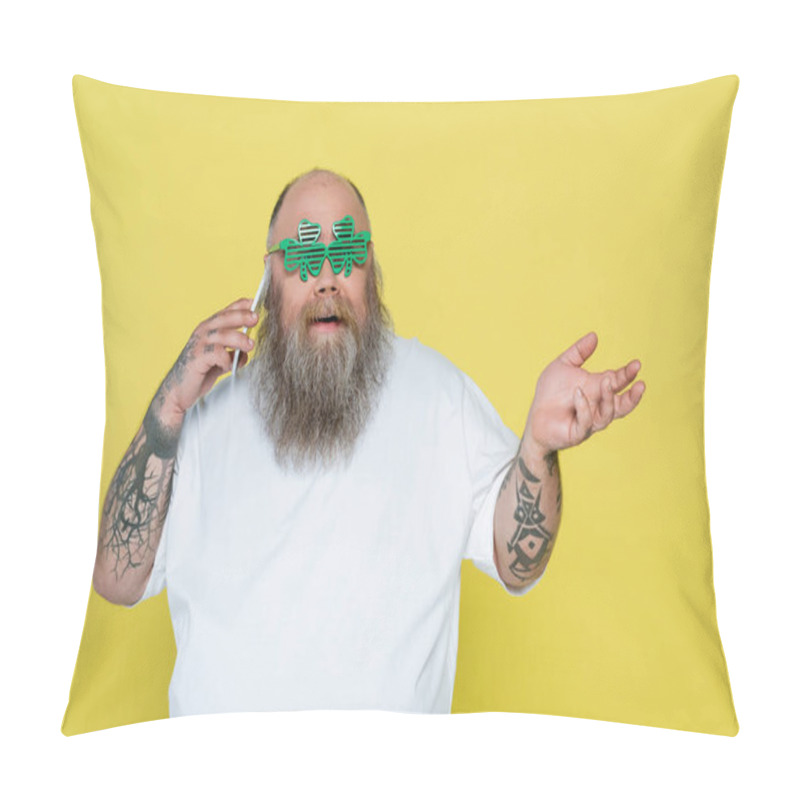 Personality  Bearded Overweight Man In Clover-shaped Glasses Talking On Smartphone Isolated On Yellow Pillow Covers