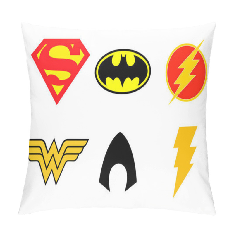 Personality  Logos Icon Of The Most Famous Superheroes DC. Justice League, Super Man, Batman, Flash, Wonder Woman, Aqua Man, Shazam Pillow Covers