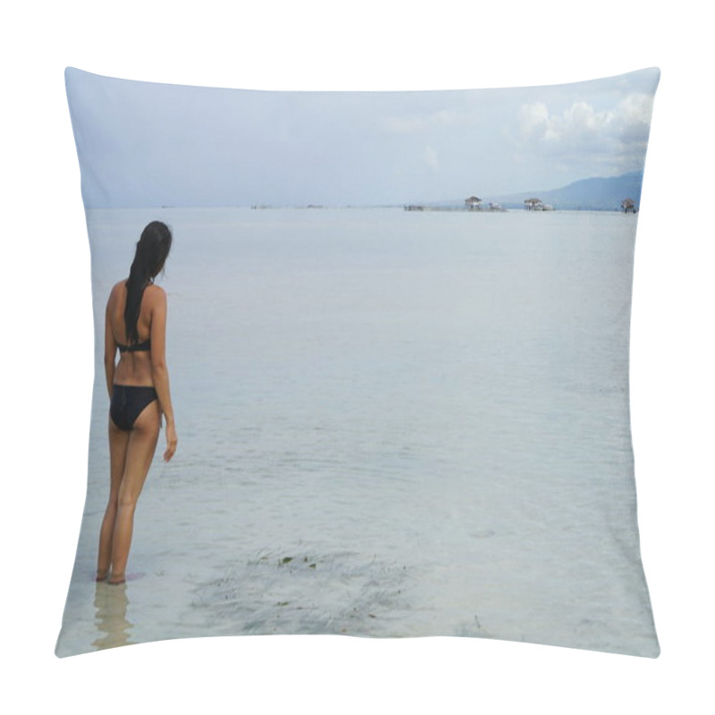 Personality  Rear View Of Young Woman Standing In Sea At Manjuyod Sandbar, Philippines Pillow Covers