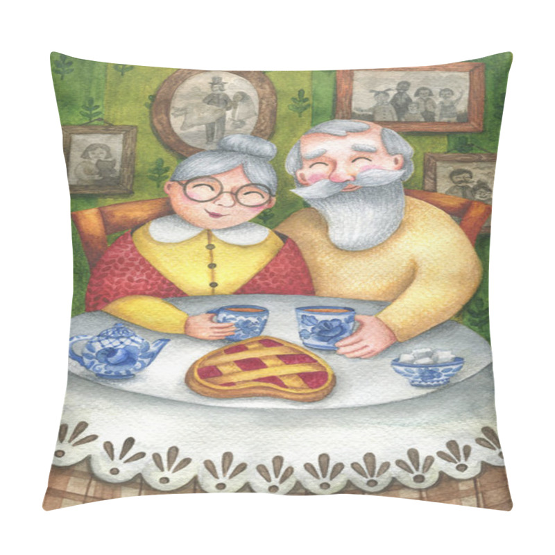 Personality  Old People's Home Tea Party. It's Nice To Stay At Home. Love In The Family. Watercolor Illustration. Pensioners Drink Tea With Pastries. Family Day. Quarantine, Isolation. Cute Valentine's Day Card Pillow Covers