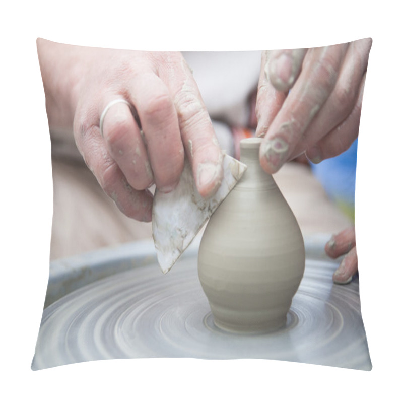 Personality  Pottery. Hand Made Ware. Hands Working On Pottery Wheel. Potter  Pillow Covers