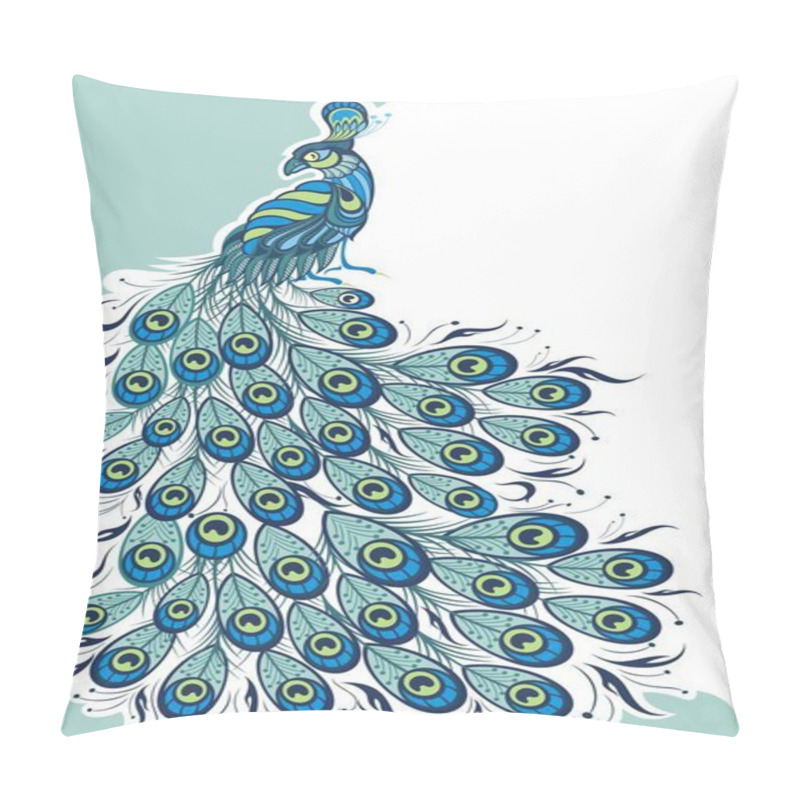 Personality  Blue Peacock.Poster, T-shirt Design. Vector Background Pillow Covers