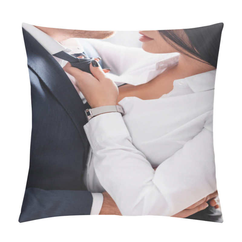 Personality  Cropped View Of Businessman Embracing Secretary Touching His Tie In Office Pillow Covers