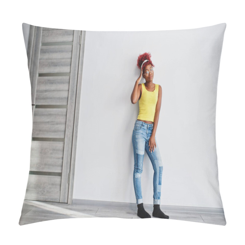 Personality  African American Woman In Yellow Singlet And Eyglasses Against White Wall. Pillow Covers