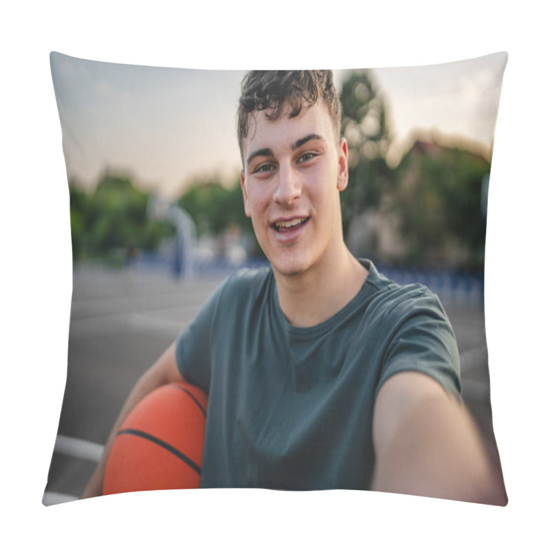 Personality  One Teenager Caucasian Male Caucasian Young Man Stand On Basketball Court With Ball In The Evening Ready To Play Game Copy Space Real Person Ugc User Generated Content Self Portrait Selfie Pillow Covers