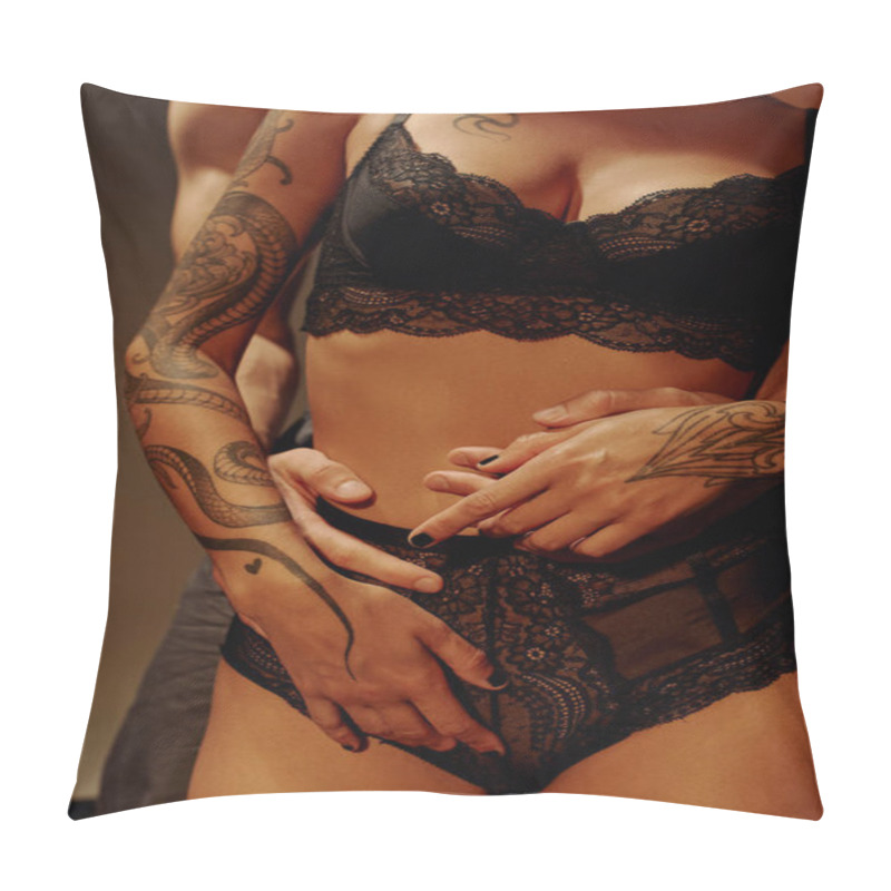 Personality  Partial View Of Tattooed Woman In Black Lace Lingerie Near Young Man Isolated On Brown  Pillow Covers