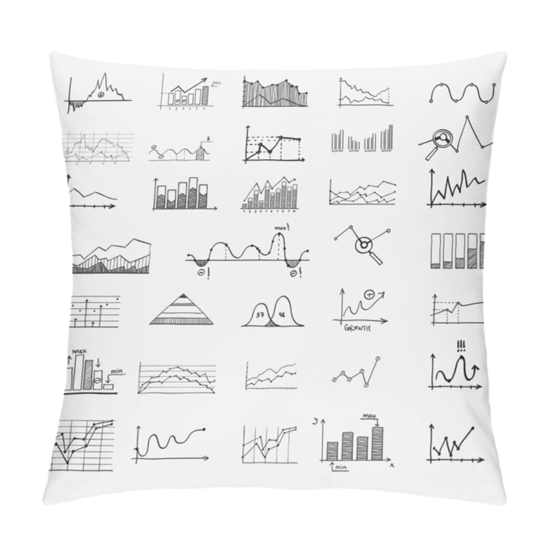 Personality  Business Finance Statistics Infographics Doodle Hand Drawn Elements. Concept - Graph, Chart, Arrows Signs, Search Earnings Money Profit Pillow Covers