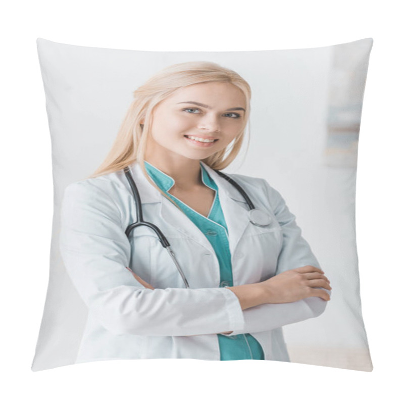 Personality  Smiling Young Female Doctor With Stethoscope Standing With Arms Crossed In Clinic  Pillow Covers