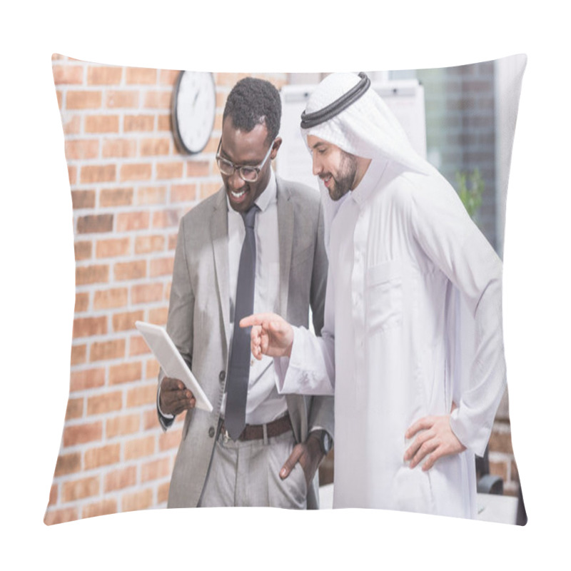 Personality  Multicultural Businessmen Looking At Tablet In Modern Office  Pillow Covers