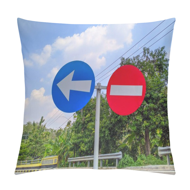 Personality  Two Road Signs On A Pole Against A Blue Sky With White Clouds. A Round Blue Sign With A White Left Arrow And A Round Red Sign With A White Horizontal Line. Pillow Covers