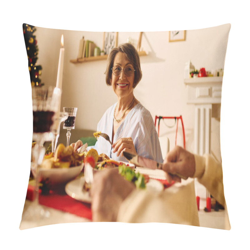 Personality  A Senior Woman Smiles Brightly As She Enjoys A Delicious Christmas Meal With Her Partner. Pillow Covers