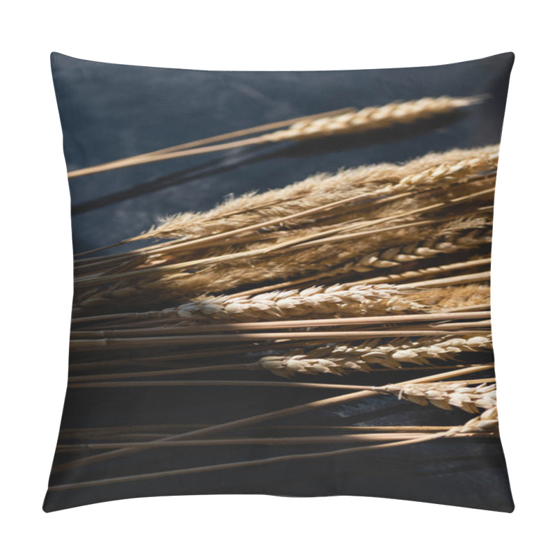 Personality  Lighting On Ripe Wheat Spikelets On Dark Grey Background  Pillow Covers