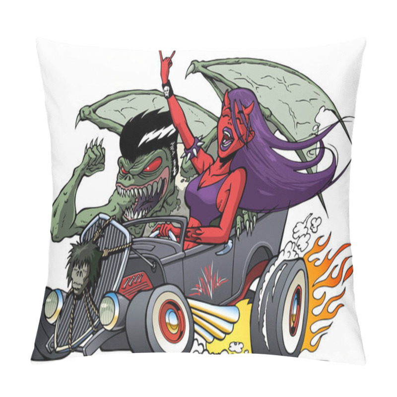 Personality  Monster Hot Rod With Driving Demon Girl And Monster Riding Shotgun Pillow Covers