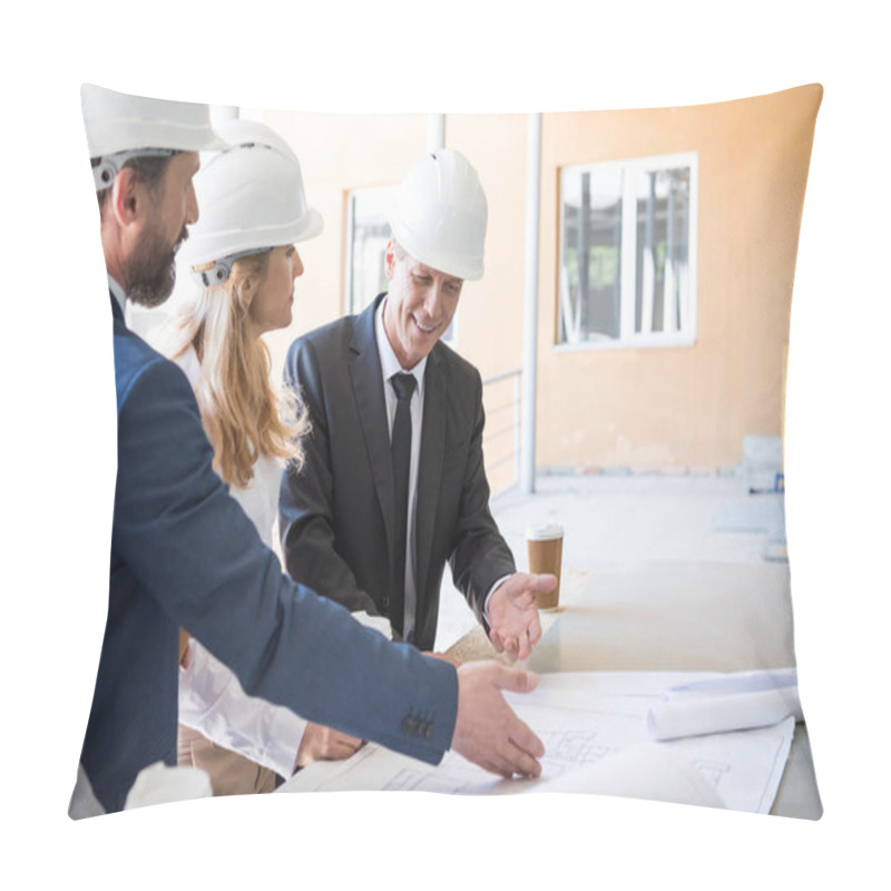 Personality  Contractors In Formal Wear Working With Blueprints Pillow Covers