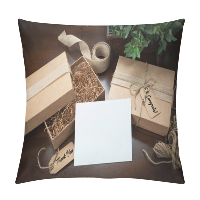 Personality  Gift Packaging Boxes Mock Up With Jute String, Thank You And Congratulations Card And Tags With Small Key On Wood Surface. Pillow Covers