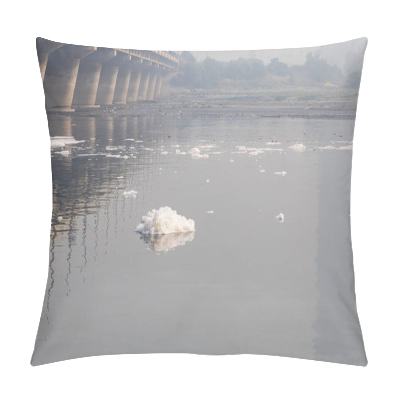 Personality  Toxic Foam Of Industrial And Domestic Effluents In Contaminated River At Morning Image Is Taken At Yamuna River Okhla Barrage Delhi India. Pillow Covers