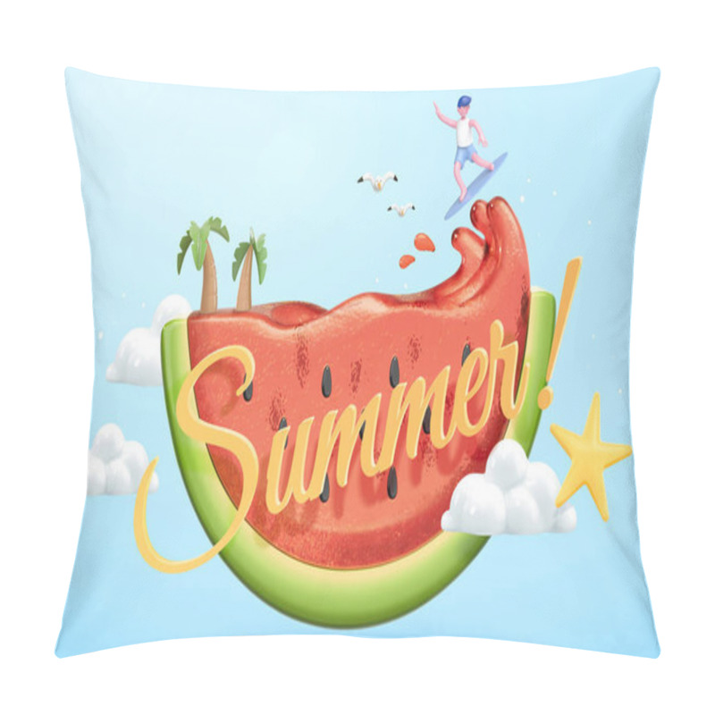 Personality  Summer Concept, Cute Character Surfing Juice Wave Of Tasty Watermelon, 3d Illustration Pillow Covers