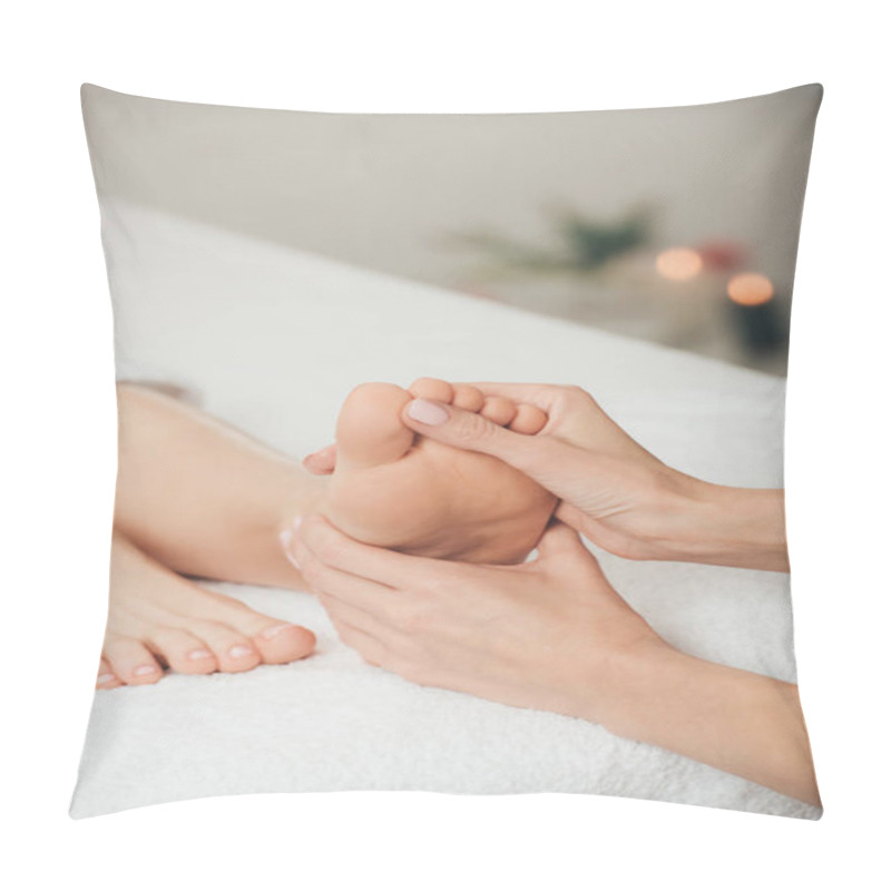 Personality  Cropped View Of Masseur Doing Foot Massage To Adult Woman In Spa Pillow Covers