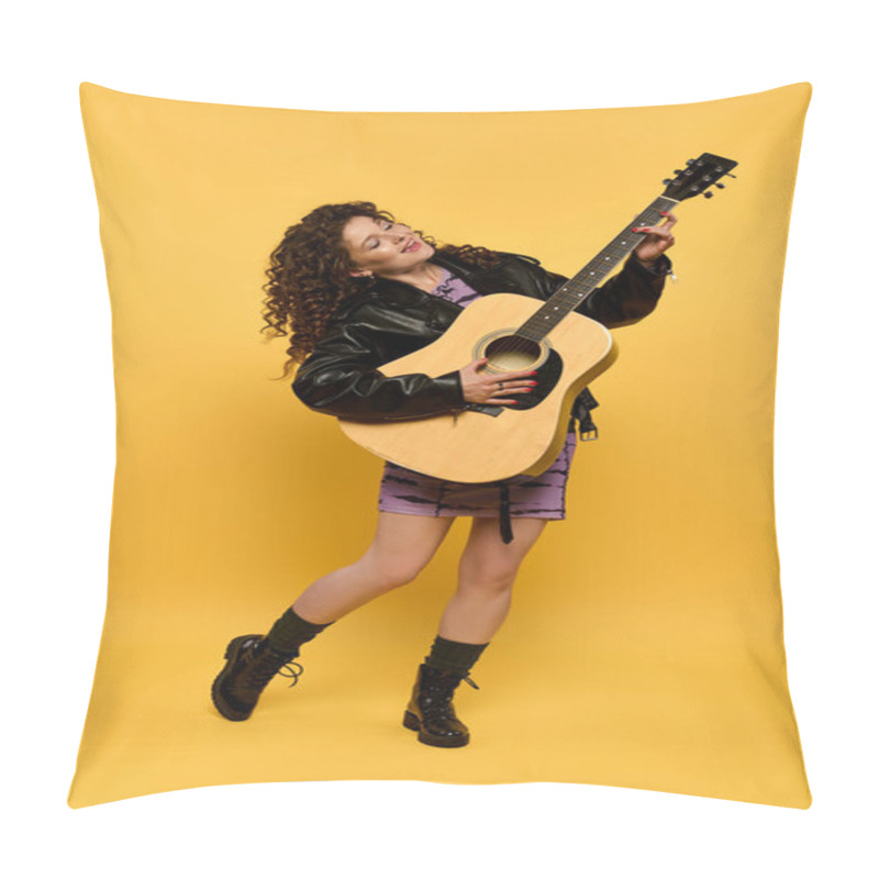 Personality  A Young Woman With Curly Hair Poses While Playing An Acoustic Guitar In A Leather Jacket. Pillow Covers