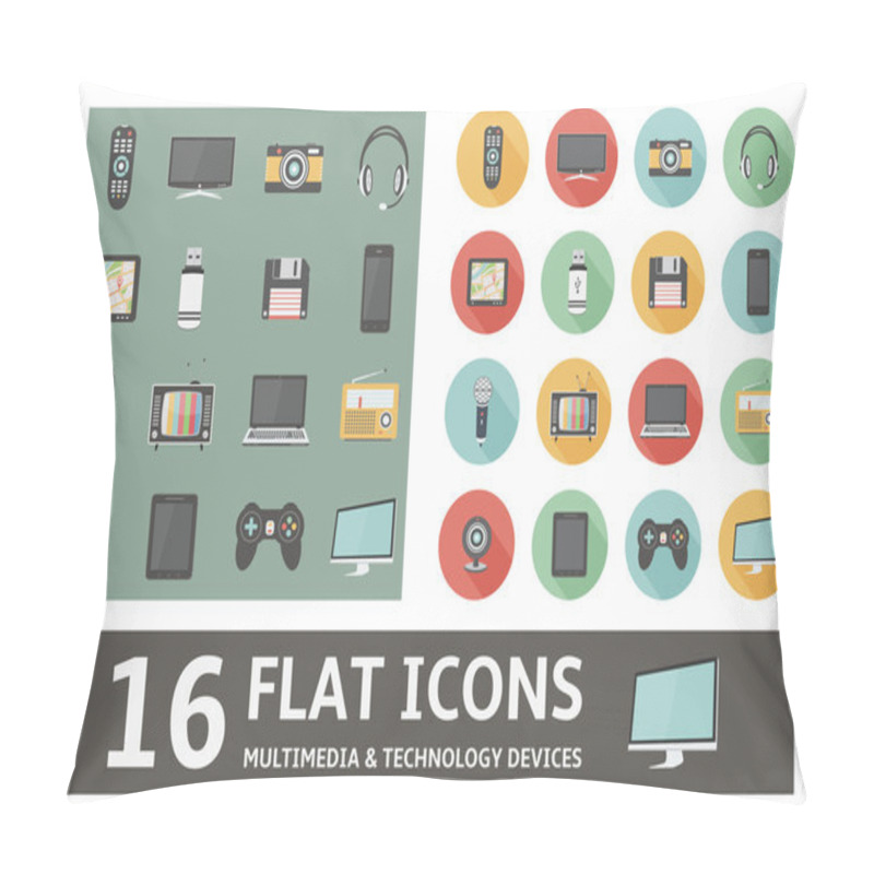 Personality  16 Flat Icons Multimedia & Technology Devices Pillow Covers