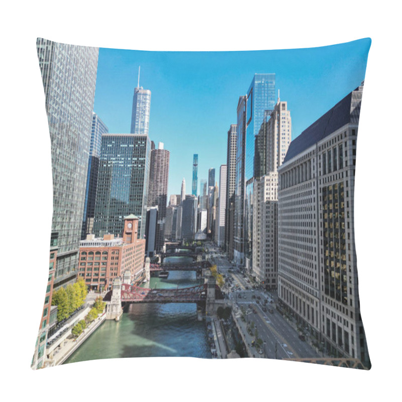 Personality  Chicago, USA - October 08, 2024: Cityscape With Skyscraper Building. Downtown Architecture. Skyscraper Architecture Of USA City. Cityscape. Urban Chicago Downtown Cityscape At Chicago River. Pillow Covers