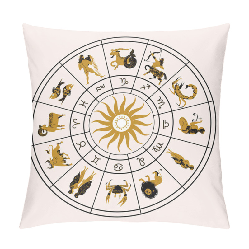 Personality  Horoscope And Astrology. Horoscope Wheel With The Twelve Signs Of The Zodiac. Zodiacal Circle. Zodiac Signs Aries, Taurus, Gemini, Cancer, Leo, Virgo, Libra, Scorpio, Sagittarius, Capricorn, Aquarius, Pisces. Vector Illustration. Pillow Covers