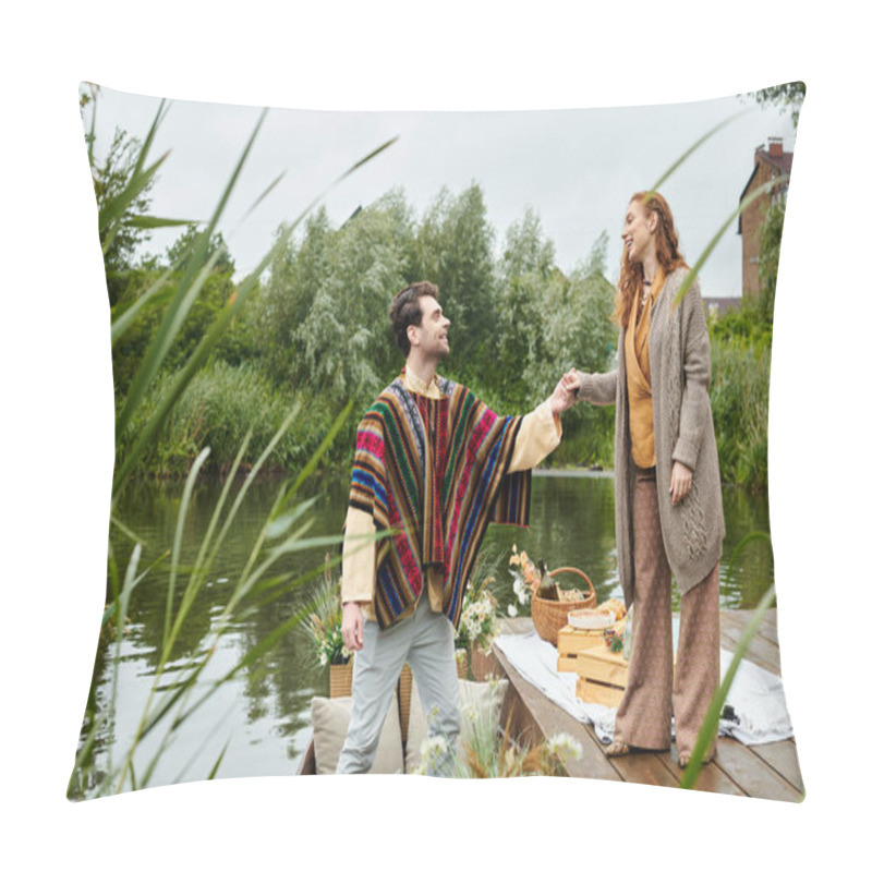 Personality  A Man And A Woman In Boho Style Clothes Stand On A Dock, Enjoying A Serene Moment By The Water In A Green Park Setting. Pillow Covers