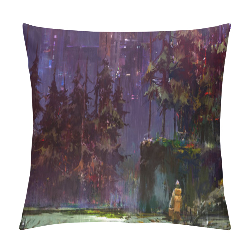 Personality  Drawn Cyberpunk Fantasy Night Landscape With A Traveler In The Forest Pillow Covers