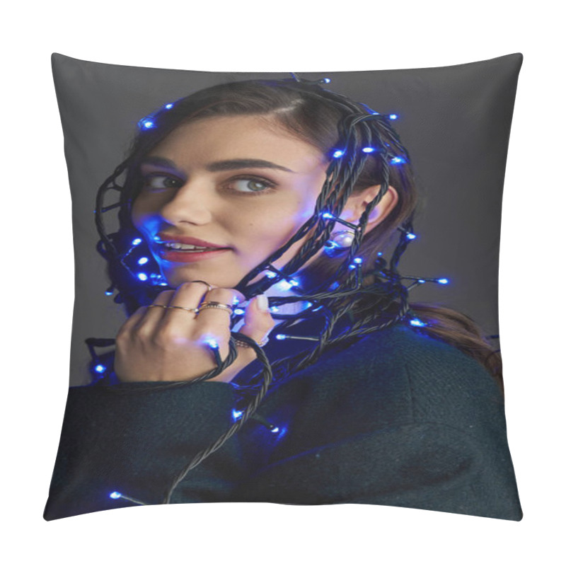 Personality  A Pretty Young Woman Playfully Wraps Herself In Blue String Lights, Showcasing Her Creativity. Pillow Covers