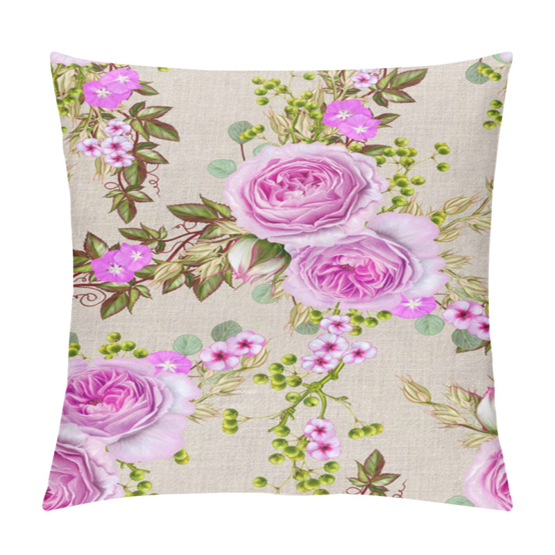 Personality  Floral Seamless Pattern. Flower Arrangement, Bouquet Of Delicate Beautiful Pink Roses, Green Berries, Leaves. Pillow Covers