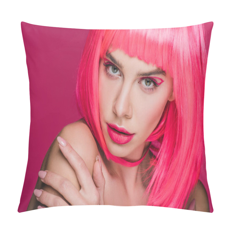 Personality  Beautiful Sensual Girl Posing In Neon Pink Wig, Isolated On Pink Pillow Covers