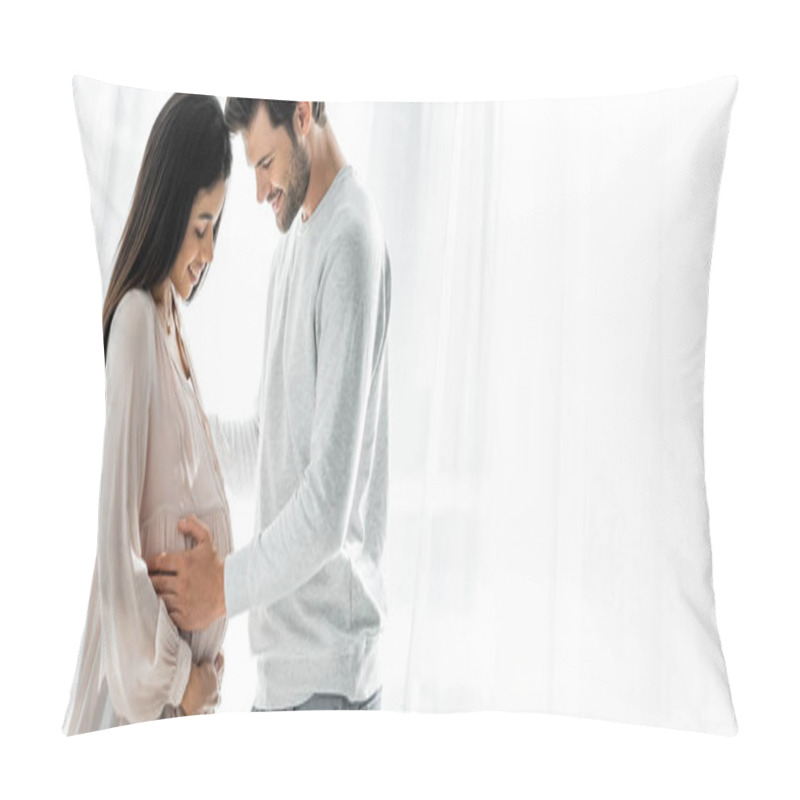 Personality  Panoramic Shot Of Handsome Man Hugging Belly Of His Pregnant African American Woman  Pillow Covers