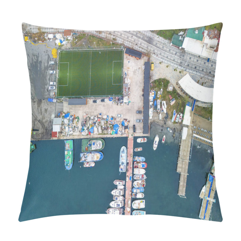 Personality  Beykoz Poyrazkoy Aerial View Of A Port With A Soccer Field And Boats. High-angle, Full Shot Of A Port Area. Istanbul Turkey Drone Shot  Pillow Covers