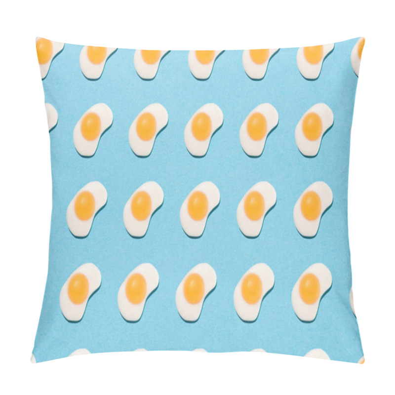 Personality  Top View Of Tasty Gummy Candies In Shape Of Fried Eggs On Blue Pillow Covers