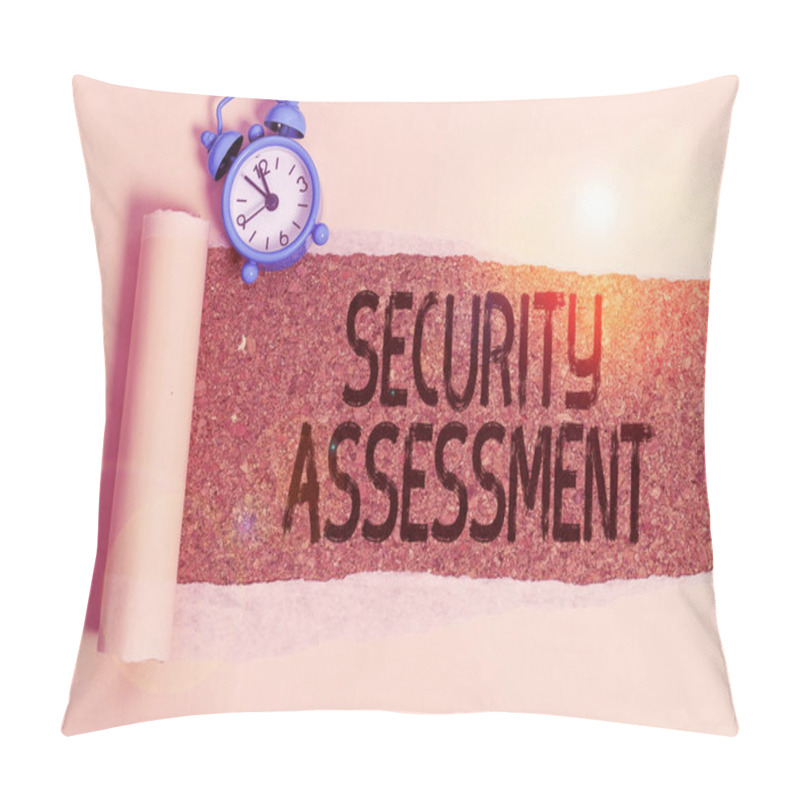 Personality  Writing Note Showing Security Assessment. Business Photo Showcasing Study To Locate IT Security Vulnerabilities And Risks Alarm Clock And Torn Cardboard On A Wooden Classic Table Backdrop. Pillow Covers