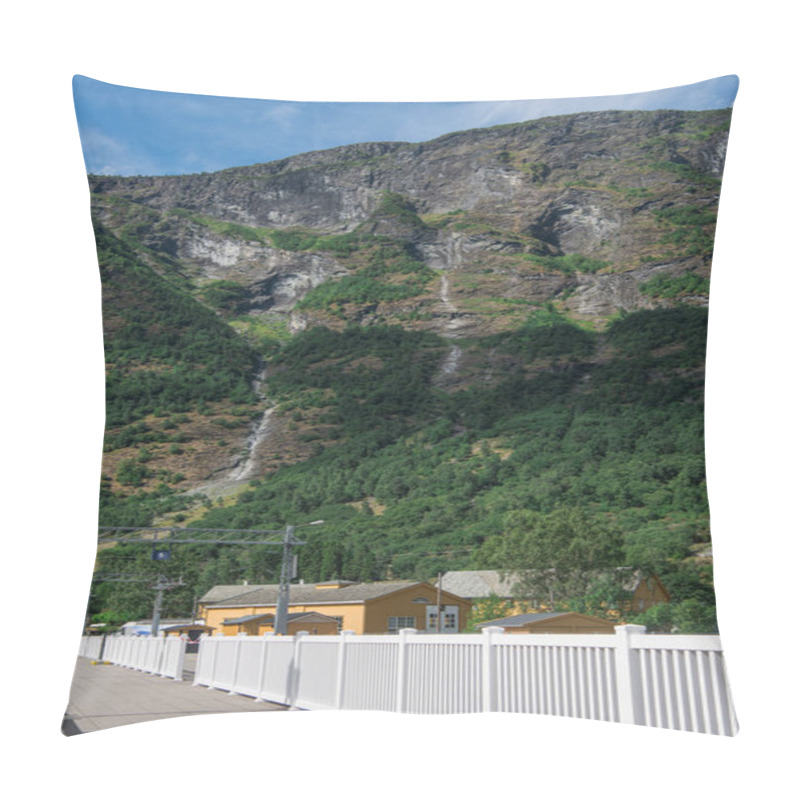 Personality  Houses And Bridge In Flam Village Near Beautiful Mountains, Aurlandsfjord (Aurlandsfjorden), Norway Pillow Covers