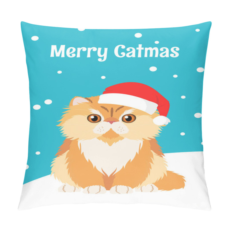 Personality  Christmas Card With Persian Cat In Santa Hat. Inscription Merry Catmas. Minimalistic Flat Vector Illustration Pillow Covers