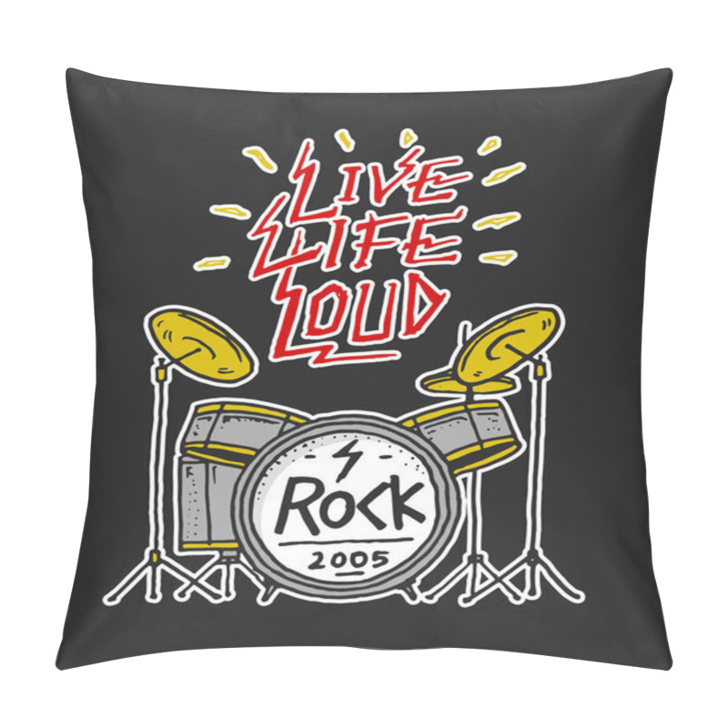 Personality  Rock And Roll Music Symbols With Guitar Wings Skull, Drums Plectrum. Labels, Logos. Heavy Metal Templates For Design T-shirt, Night Party And Festival. Hand Drawn. Engraved Sketch. Pillow Covers