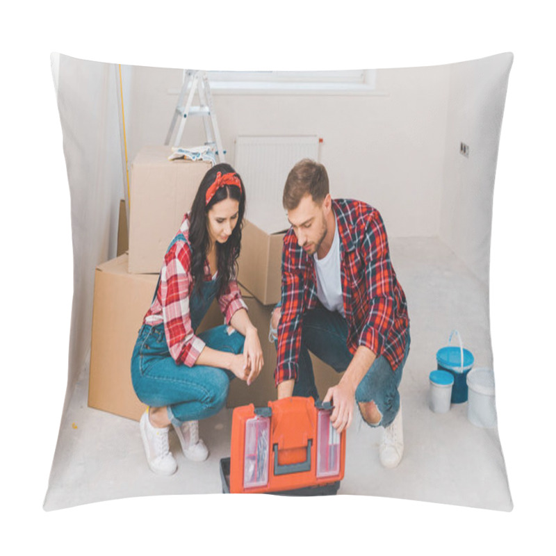 Personality  Man And Woman Sitting And Looking At Toolbox At Home Pillow Covers