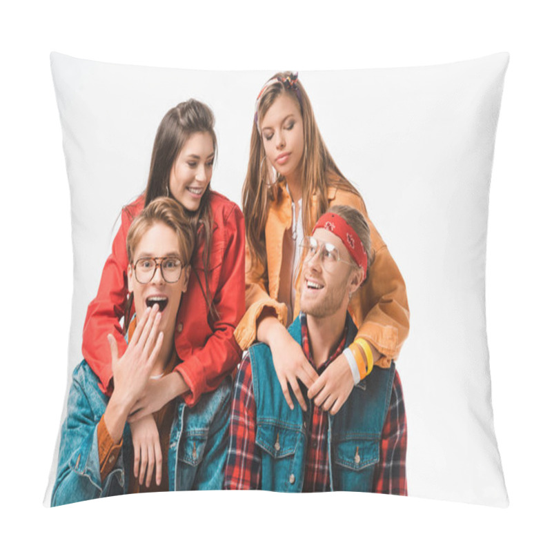 Personality  Surprised Hipster Covering Mouth By Hand And His Male Friend Sitting Near While Their Girlfriends Standing Behind Isolated On White Pillow Covers