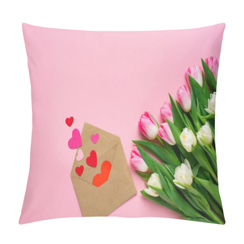 Personality  Top View Of Envelope With Paper Hearts Near Bouquet Of Tulips On Pink Surface Pillow Covers