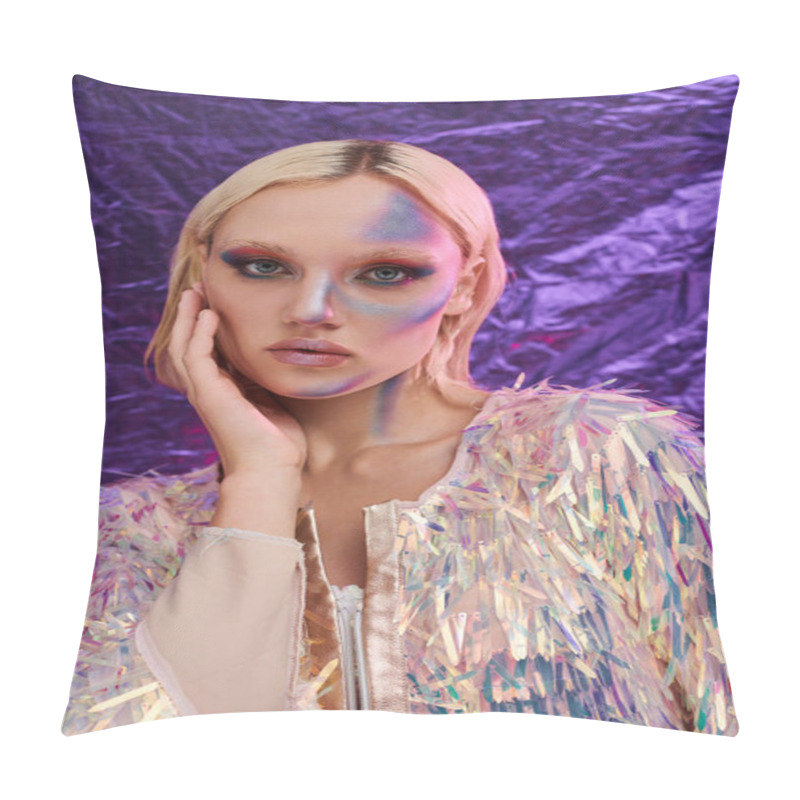 Personality  A Young Woman Showcases Her Fashion Sense With Holographic Details And Striking Makeup. Pillow Covers